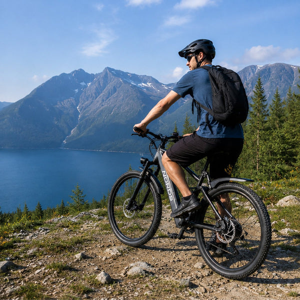 NORDS Trail elsykkel med fjord og fjell i bakgrunnen